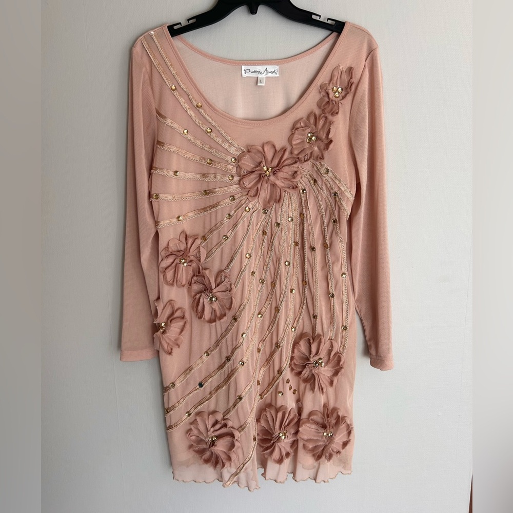 PRETTY ANGEL Silk Mesh Applique Beaded Slip Dress Fairy Coquette Angel Boho Sz L - Picture 5 of 16